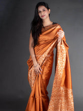 Flosive traditional golden zari work honey orange soft banarasi saree